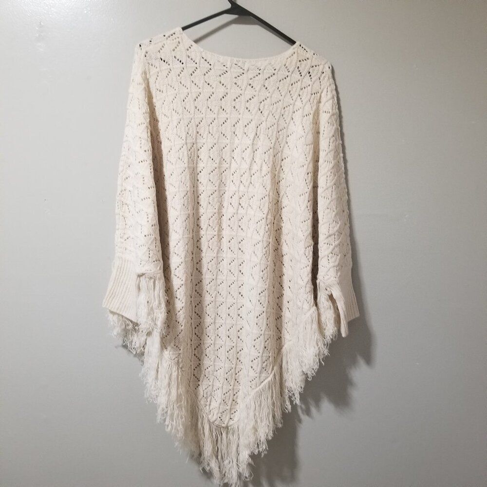 Earthbound Women's Shawl Medium Knitted Beige Sleeves Fringe